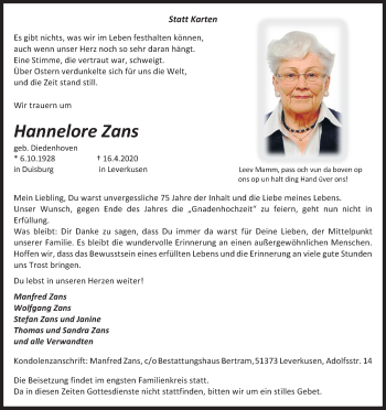 Anzeige von Hannelore Zans von Kölner Stadt-Anzeiger / Kölnische Rundschau / Express