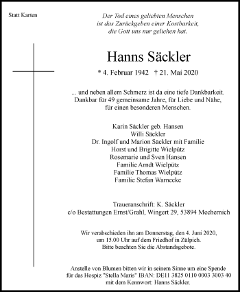 Anzeige von Hanns Säckler von  Blickpunkt Euskirchen 
