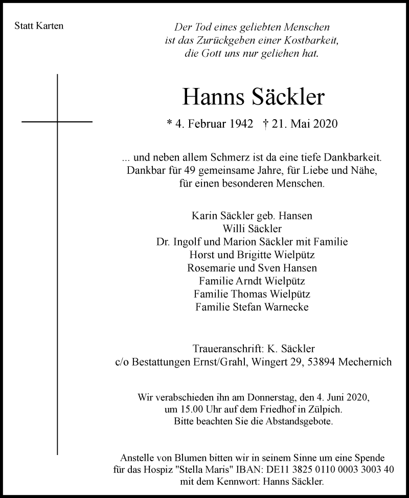  Traueranzeige für Hanns Säckler vom 30.05.2020 aus  Blickpunkt Euskirchen 