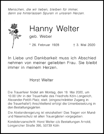 Anzeige von Hanny Welter von Kölner Stadt-Anzeiger / Kölnische Rundschau / Express
