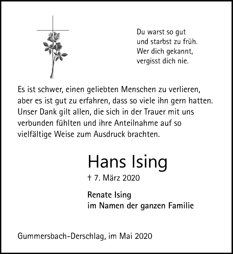  Traueranzeige für Hans Ising vom 15.05.2020 aus  Anzeigen Echo 
