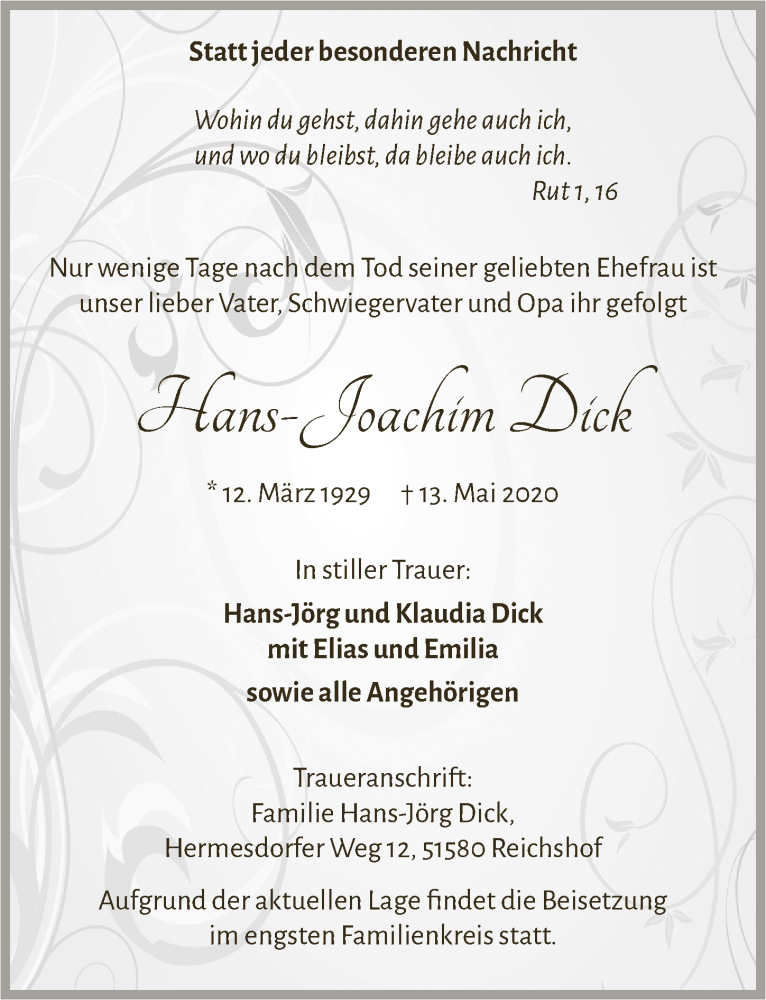  Traueranzeige für Hans-Joachim Dick vom 22.05.2020 aus  Lokalanzeiger 