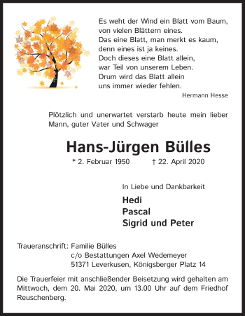 Anzeige von Hans-Jürgen Bülles von Kölner Stadt-Anzeiger / Kölnische Rundschau / Express