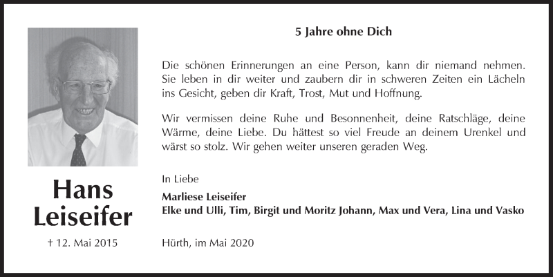  Traueranzeige für Hans Leiseifer vom 18.07.2023 aus  Wochenende 