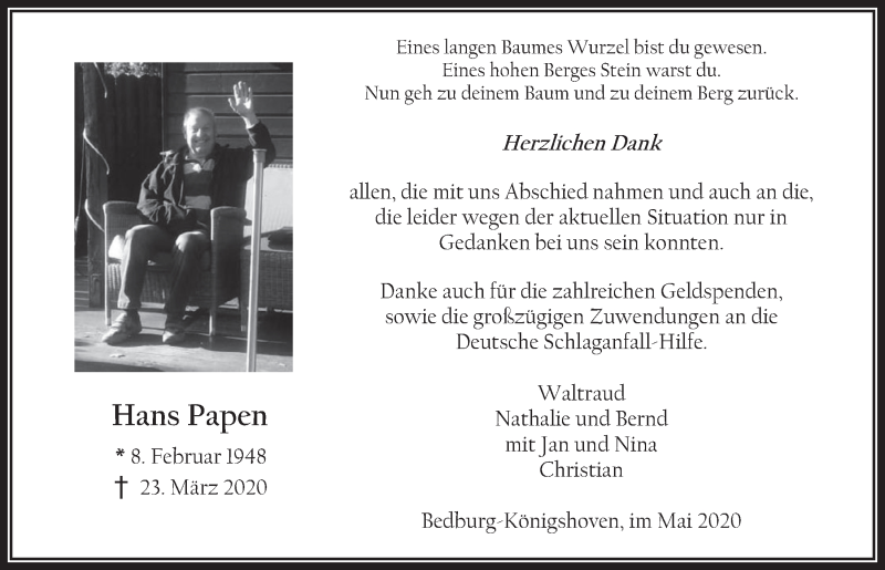  Traueranzeige für Hans Papen vom 15.05.2020 aus  Werbepost 