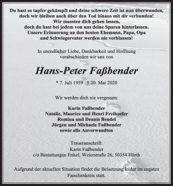 Anzeige von Hans-Peter Faßbender von  Wochenende 