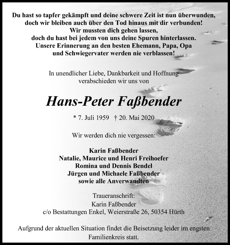 Traueranzeige für Hans-Peter Faßbender vom 30.05.2020 aus Kölner Stadt-Anzeiger / Kölnische Rundschau / Express