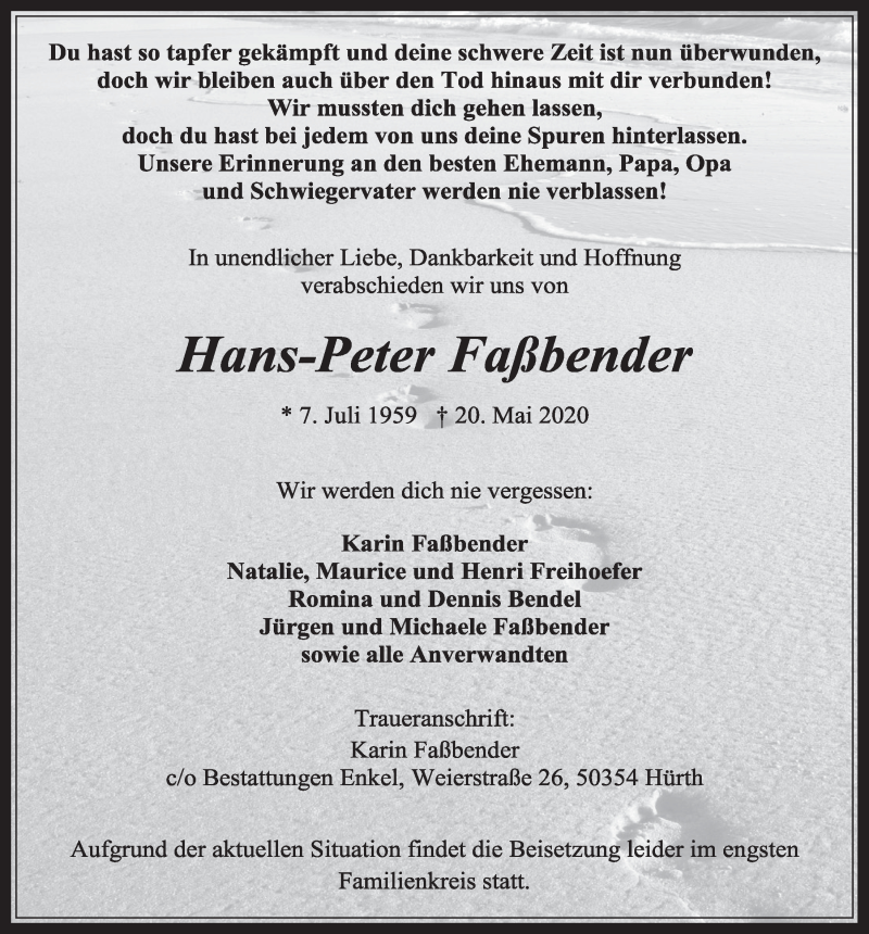  Traueranzeige für Hans-Peter Faßbender vom 29.05.2020 aus  Wochenende 