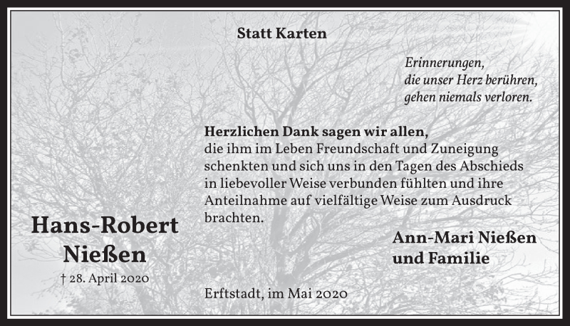  Traueranzeige für Hans-Robert Nießen vom 29.05.2020 aus  Werbepost 