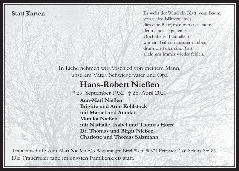  Traueranzeige für Hans-Robert Nießen vom 15.05.2020 aus  Werbepost 