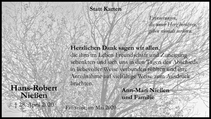  Traueranzeige für Hans-Robert Nießen vom 30.05.2020 aus Kölner Stadt-Anzeiger / Kölnische Rundschau / Express