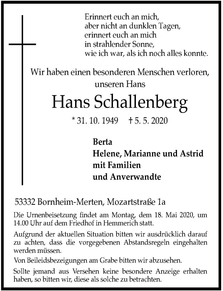  Traueranzeige für Hans Schallenberg vom 15.05.2020 aus  Schaufenster/Blickpunkt 