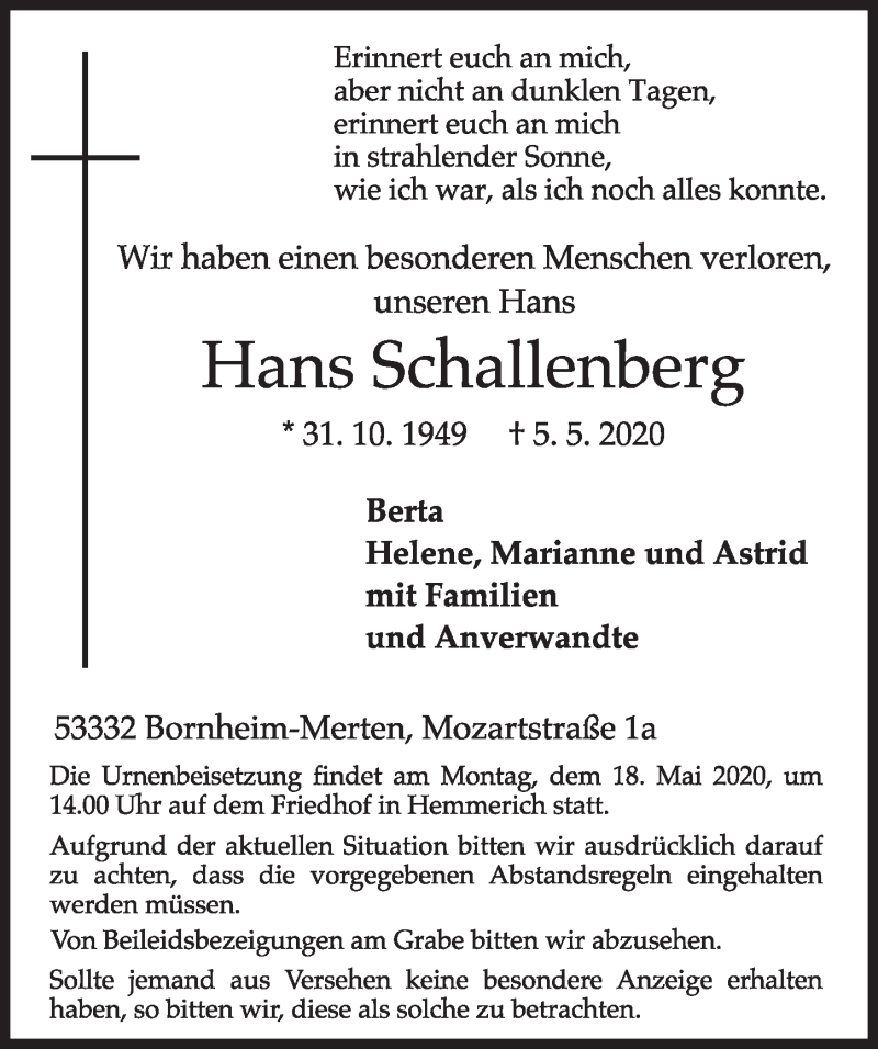 Traueranzeige für Hans Schallenberg vom 15.05.2020 aus  Schlossbote/Werbekurier 