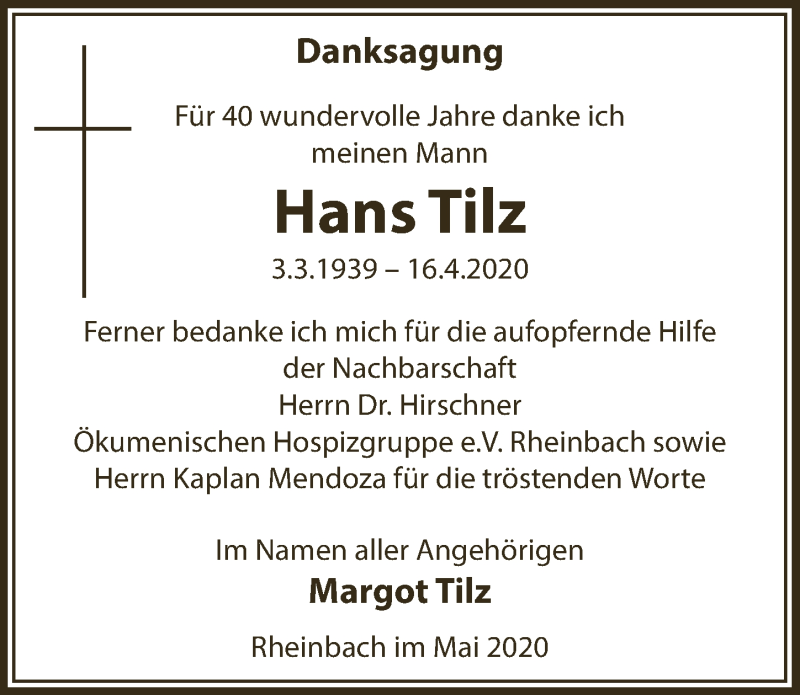  Traueranzeige für Hans Tilz vom 08.05.2020 aus  Schaufenster/Blickpunkt 