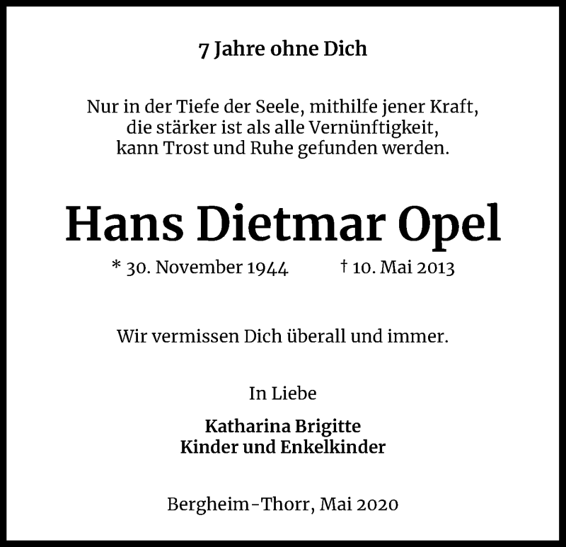  Traueranzeige für Hans Dietmar Opel vom 09.05.2020 aus Kölner Stadt-Anzeiger / Kölnische Rundschau / Express