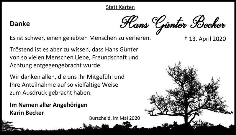  Traueranzeige für Hans Günter Becker vom 22.05.2020 aus  Lokale Informationen 