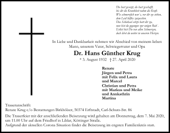 Anzeige von Hans Günther Krug von Kölner Stadt-Anzeiger / Kölnische Rundschau / Express