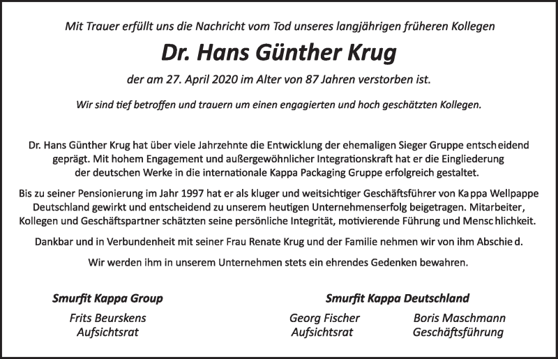  Traueranzeige für Hans Günther Krug vom 08.05.2020 aus  Schlossbote/Werbekurier 