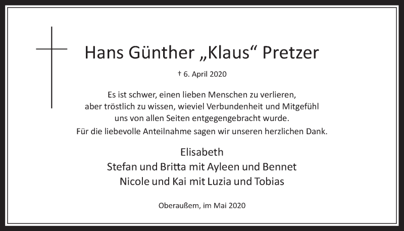  Traueranzeige für Hans Günther Pretzer vom 22.05.2020 aus  Werbepost 