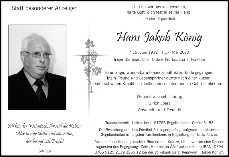  Traueranzeige für Hans Jakob König vom 23.05.2020 aus Kölner Stadt-Anzeiger / Kölnische Rundschau / Express