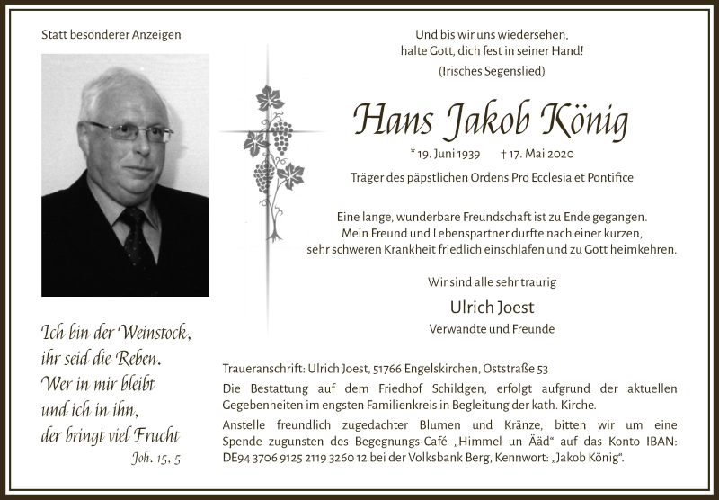  Traueranzeige für Hans Jakob König vom 29.05.2020 aus  Bergisches Handelsblatt 