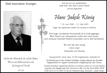 Anzeige von Hans Jakob König von Kölner Stadt-Anzeiger / Kölnische Rundschau / Express