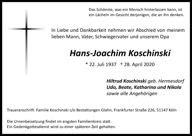  Traueranzeige für Hans Joachim Koschinski vom 09.05.2020 aus Kölner Stadt-Anzeiger / Kölnische Rundschau / Express