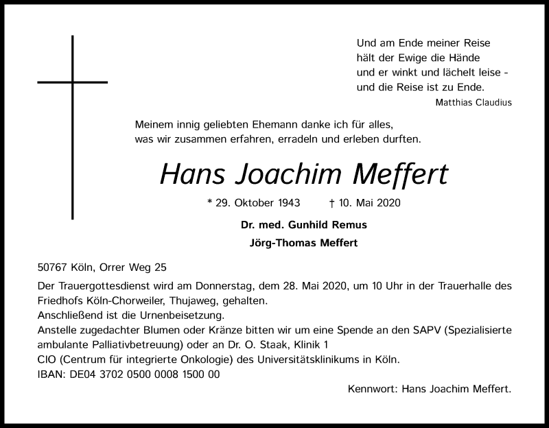  Traueranzeige für Hans Joachim Meffert vom 23.05.2020 aus Kölner Stadt-Anzeiger / Kölnische Rundschau / Express
