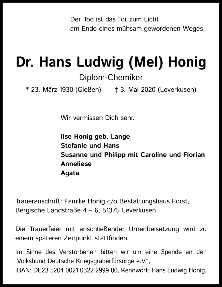 Traueranzeige für Hans Ludwig Honig vom 09.05.2020 aus Kölner Stadt-Anzeiger / Kölnische Rundschau / Express