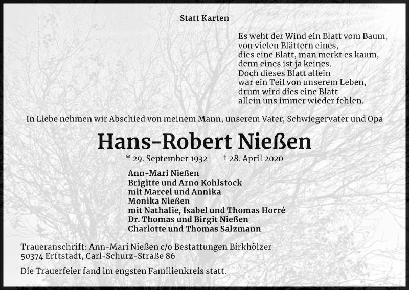  Traueranzeige für Hans Robert Nießen vom 16.05.2020 aus Kölner Stadt-Anzeiger / Kölnische Rundschau / Express