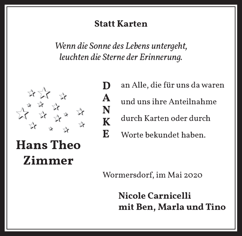  Traueranzeige für Hans Theo Zimmer vom 15.05.2020 aus  Schaufenster/Blickpunkt 