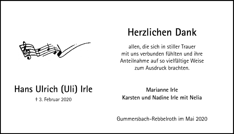 Traueranzeige für Hans Ulrich Irle vom 15.05.2020 aus  Anzeigen Echo 