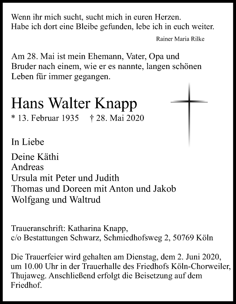  Traueranzeige für Hans Walter Knapp vom 30.05.2020 aus Kölner Stadt-Anzeiger / Kölnische Rundschau / Express