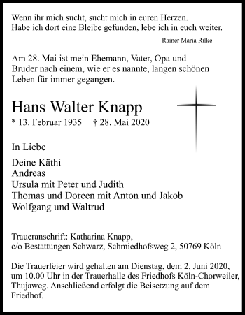 Anzeige von Hans Walter Knapp von Kölner Stadt-Anzeiger / Kölnische Rundschau / Express
