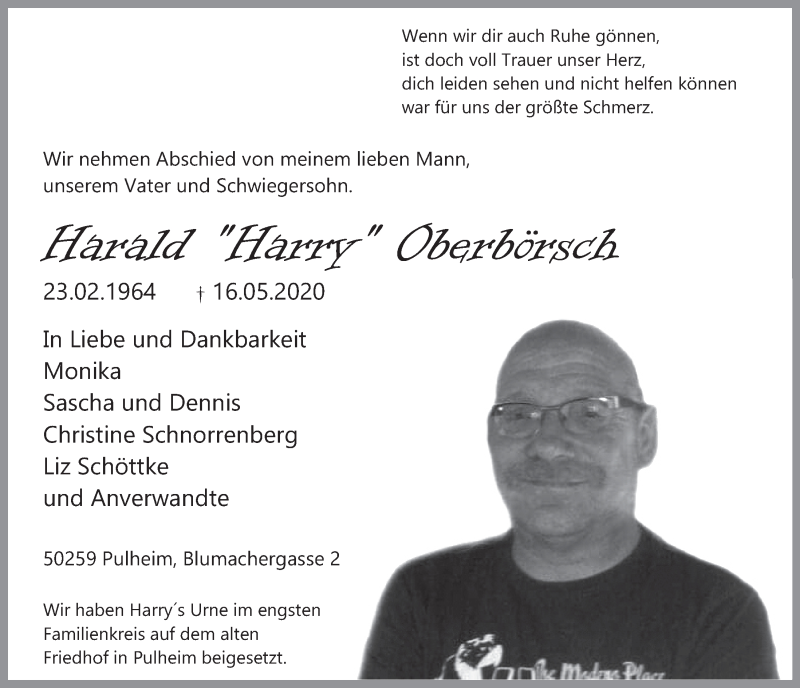  Traueranzeige für Harald Oberbörsch vom 29.05.2020 aus  Wochenende 