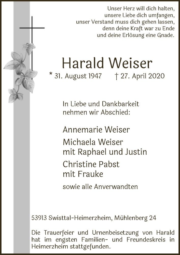  Traueranzeige für Harald Weiser vom 08.05.2020 aus  Schaufenster/Blickpunkt 