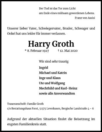 Anzeige von Harry Groth von Kölner Stadt-Anzeiger / Kölnische Rundschau / Express