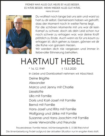Anzeige von Hartmut Hebel von  Lokalanzeiger 