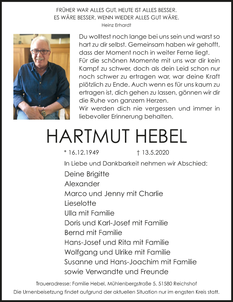  Traueranzeige für Hartmut Hebel vom 22.05.2020 aus  Lokalanzeiger 