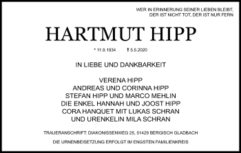 Anzeige von Hartmut Hipp von Kölner Stadt-Anzeiger / Kölnische Rundschau / Express