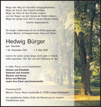 Anzeige von Hedwig Bürger von Kölner Stadt-Anzeiger / Kölnische Rundschau / Express