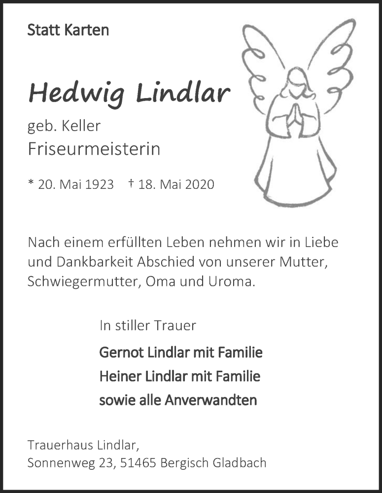  Traueranzeige für Hedwig Lindlar vom 23.05.2020 aus Kölner Stadt-Anzeiger / Kölnische Rundschau / Express