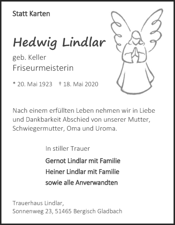 Anzeige von Hedwig Lindlar von Kölner Stadt-Anzeiger / Kölnische Rundschau / Express