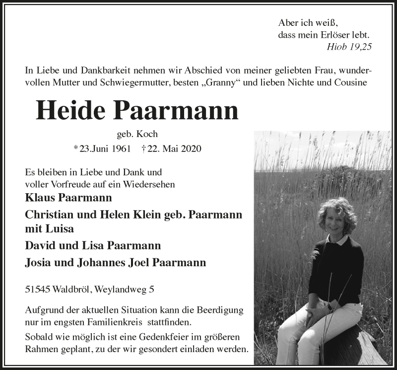  Traueranzeige für Heide Paarmann vom 29.05.2020 aus  Lokalanzeiger 