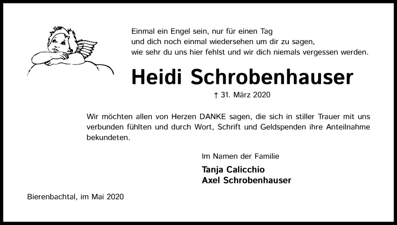  Traueranzeige für Heidi Schrobenhauser vom 16.05.2020 aus Kölner Stadt-Anzeiger / Kölnische Rundschau / Express