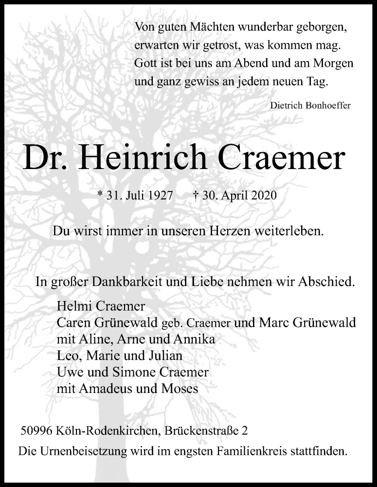  Traueranzeige für Heinrich Craemer vom 09.05.2020 aus Kölner Stadt-Anzeiger / Kölnische Rundschau / Express