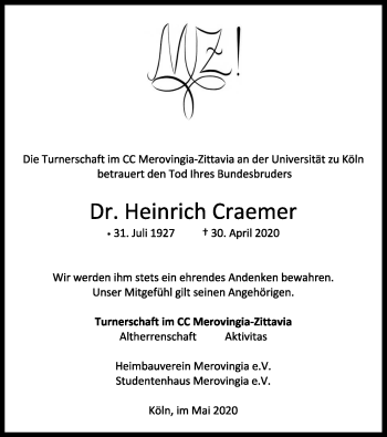 Anzeige von Heinrich Craemer von Kölner Stadt-Anzeiger / Kölnische Rundschau / Express