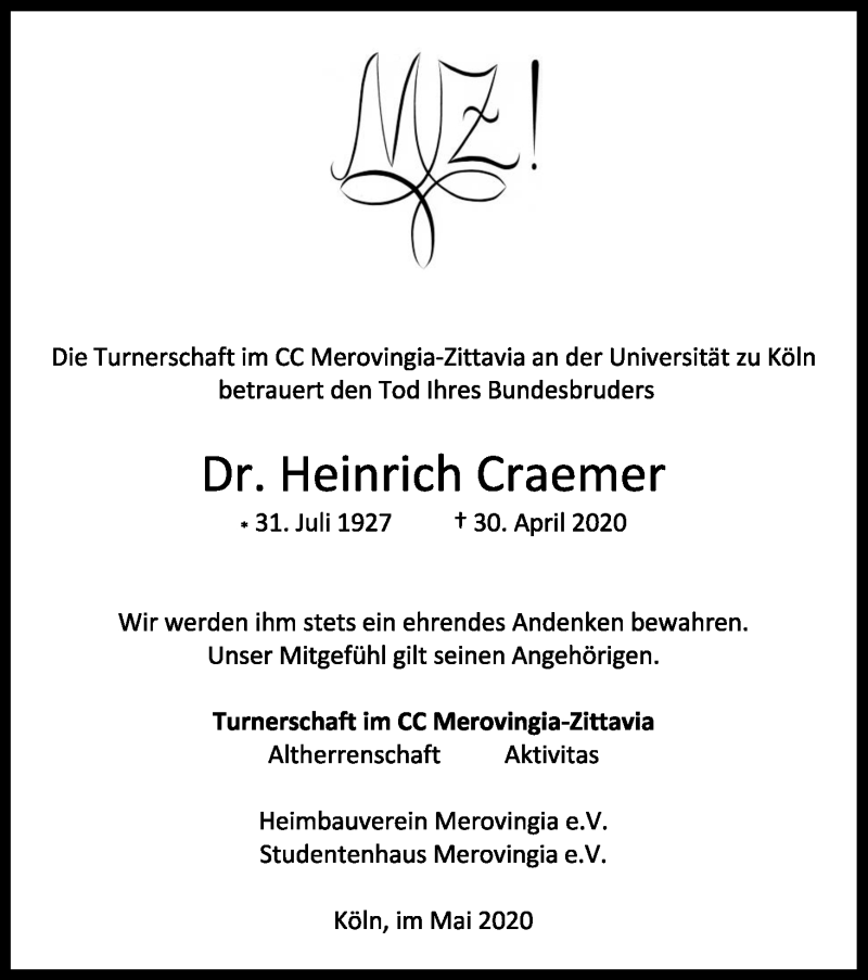  Traueranzeige für Heinrich Craemer vom 16.05.2020 aus Kölner Stadt-Anzeiger / Kölnische Rundschau / Express