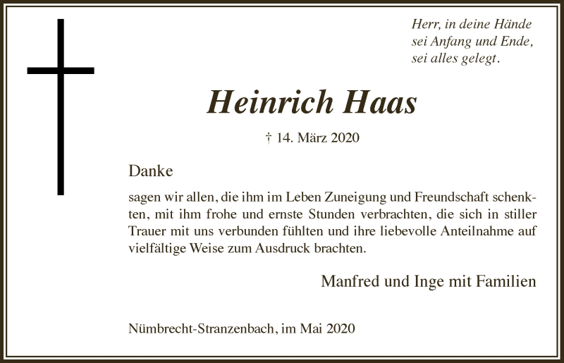  Traueranzeige für Heinrich Haas vom 15.05.2020 aus  Lokalanzeiger 