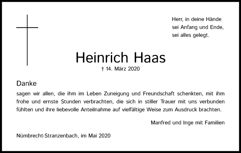  Traueranzeige für Heinrich Haas vom 16.05.2020 aus Kölner Stadt-Anzeiger / Kölnische Rundschau / Express
